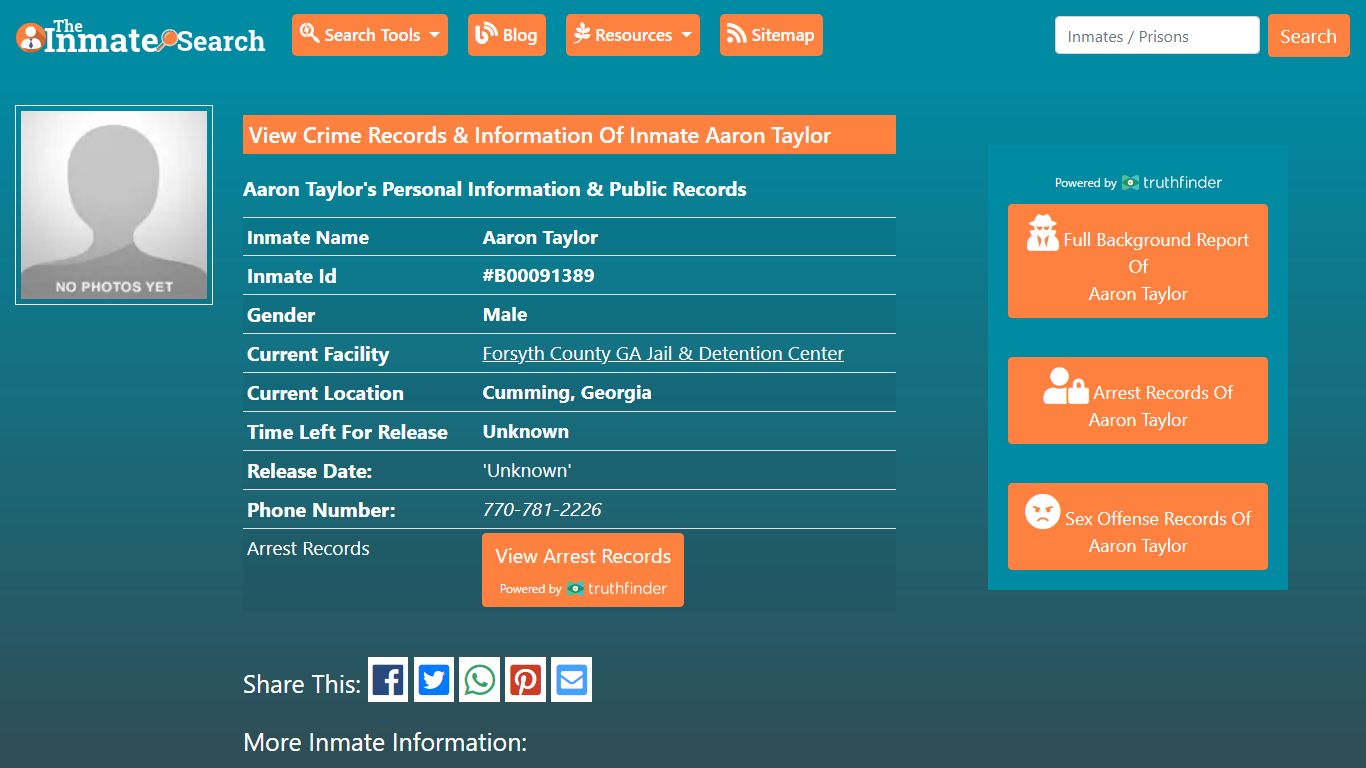 View Crime Records & Information Of Inmate Aaron Taylor
